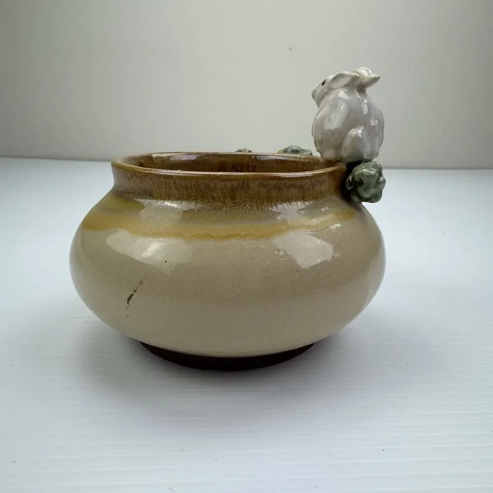 Vintage Easter Bunny Pottery Candy Bowl w Carrots Rabbit Spring Decor